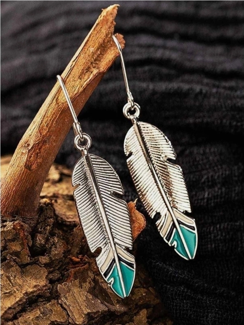 NWOT Silver Feather Drop Earrings with Turquoise Accent - Women Jewelry